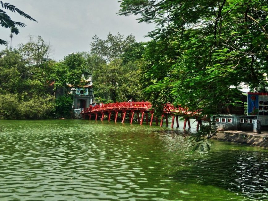 The famous Red Bridge over Hoan Kiem Lake in Hanoi